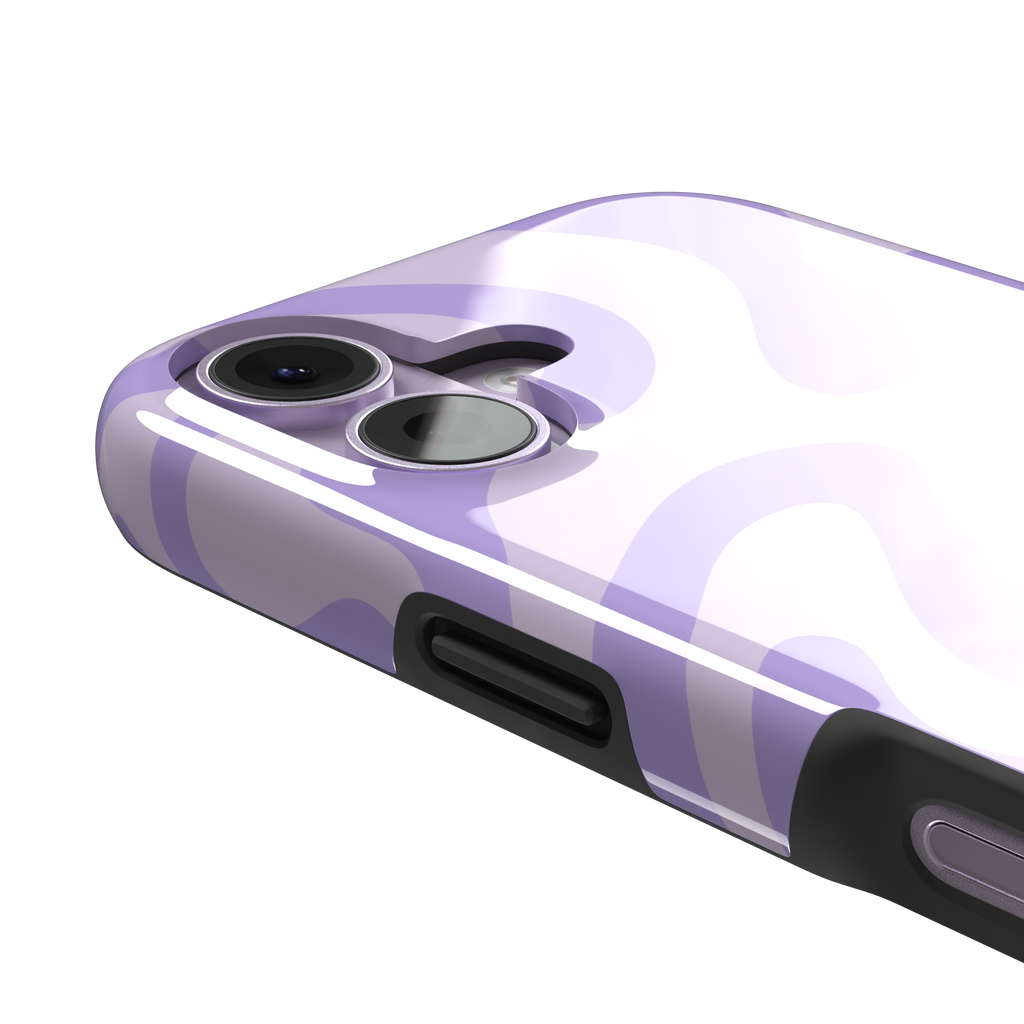 Wavey abstract phone case in lilac and soft lavender fluid swirl pattern, phone case by Caselier — tough case, volume buttons detail