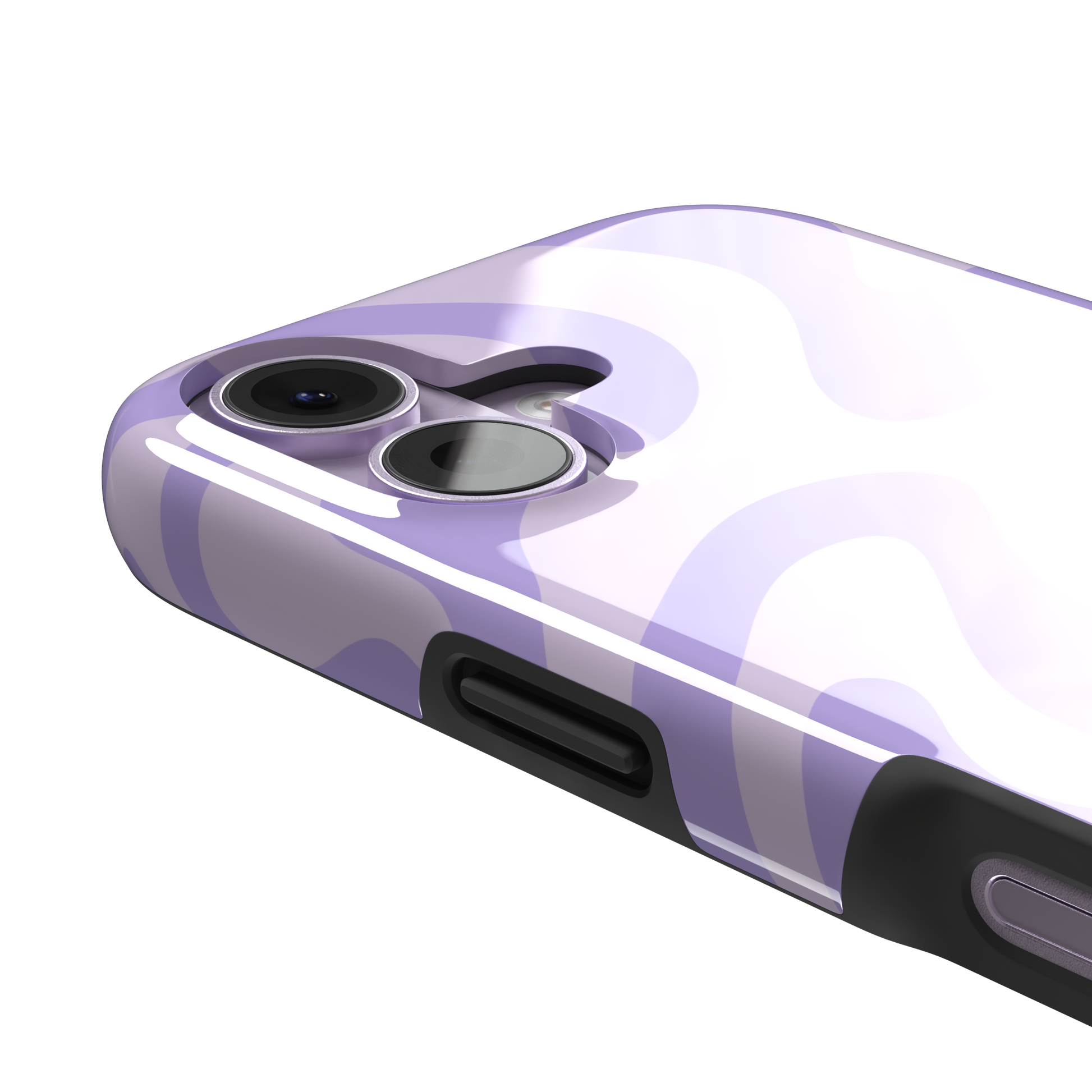 Wavey abstract phone case in lilac and soft lavender fluid swirl pattern, phone case by Caselier — tough case, volume buttons detail