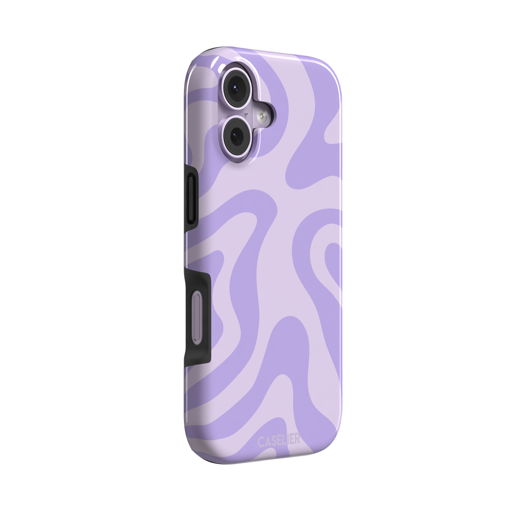 Wavey abstract phone case in lilac and soft lavender fluid swirl pattern, phone case by Caselier — tough case, left view