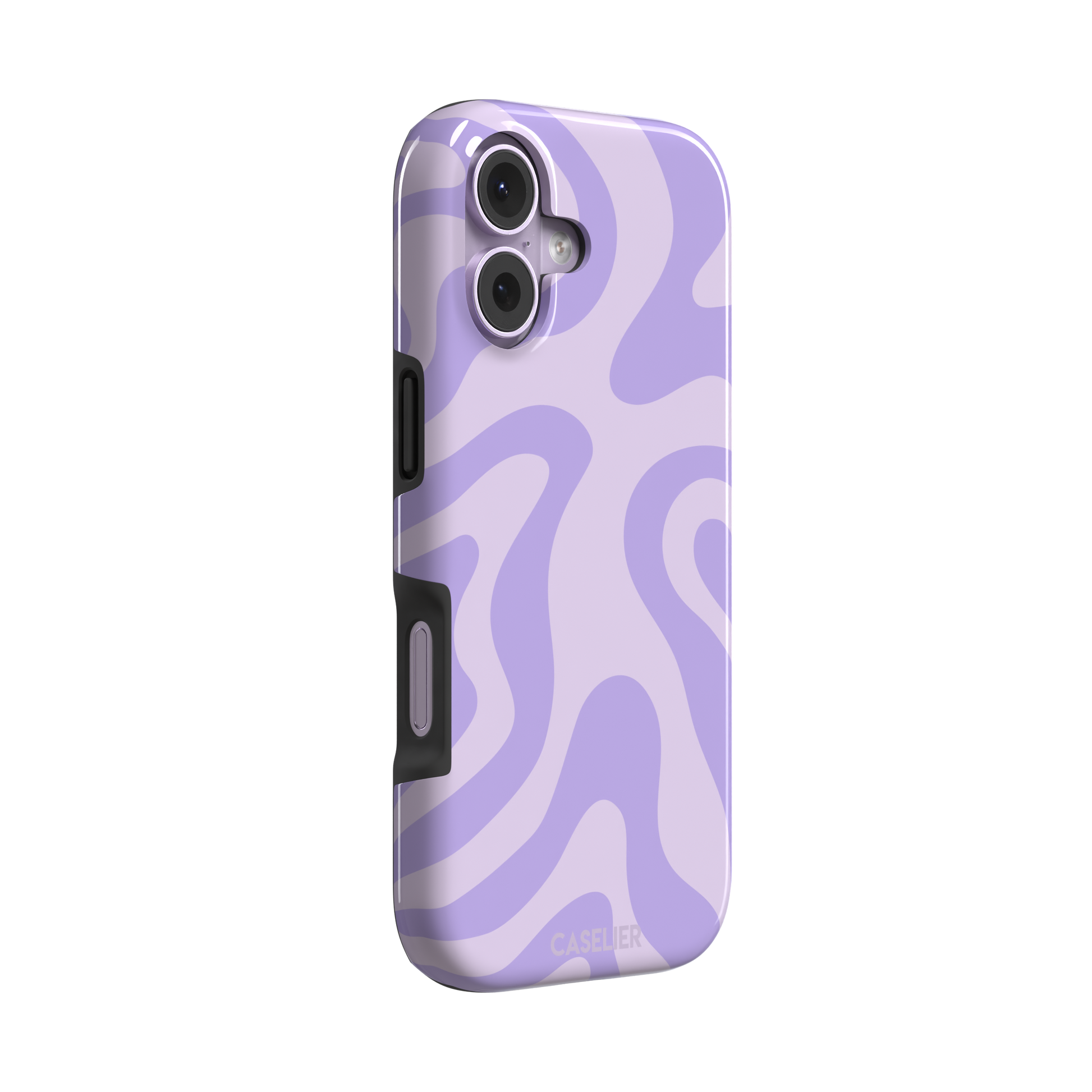 Wavey abstract phone case in lilac and soft lavender fluid swirl pattern, phone case by Caselier — tough case, left view