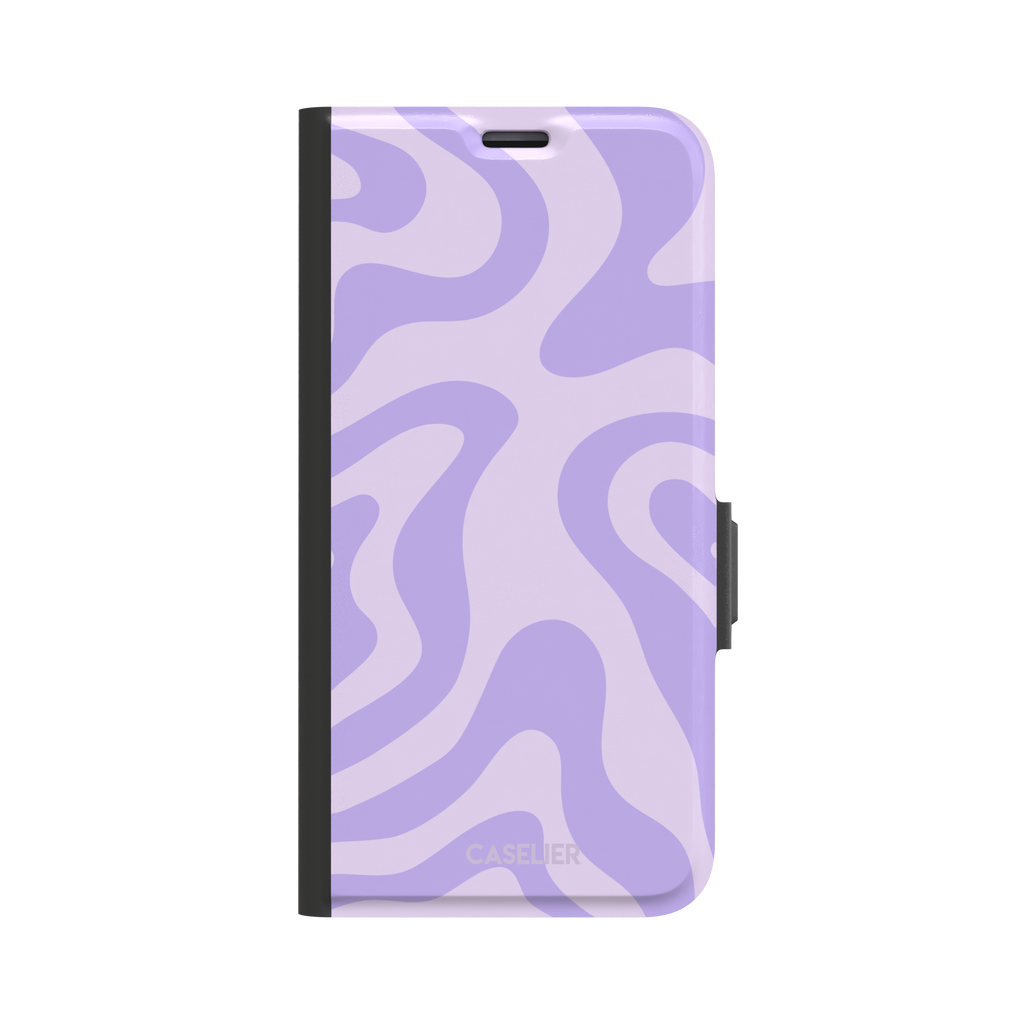 Wavey abstract phone case in lilac and soft lavender fluid swirl pattern, phone case by Caselier — wallet case, front view