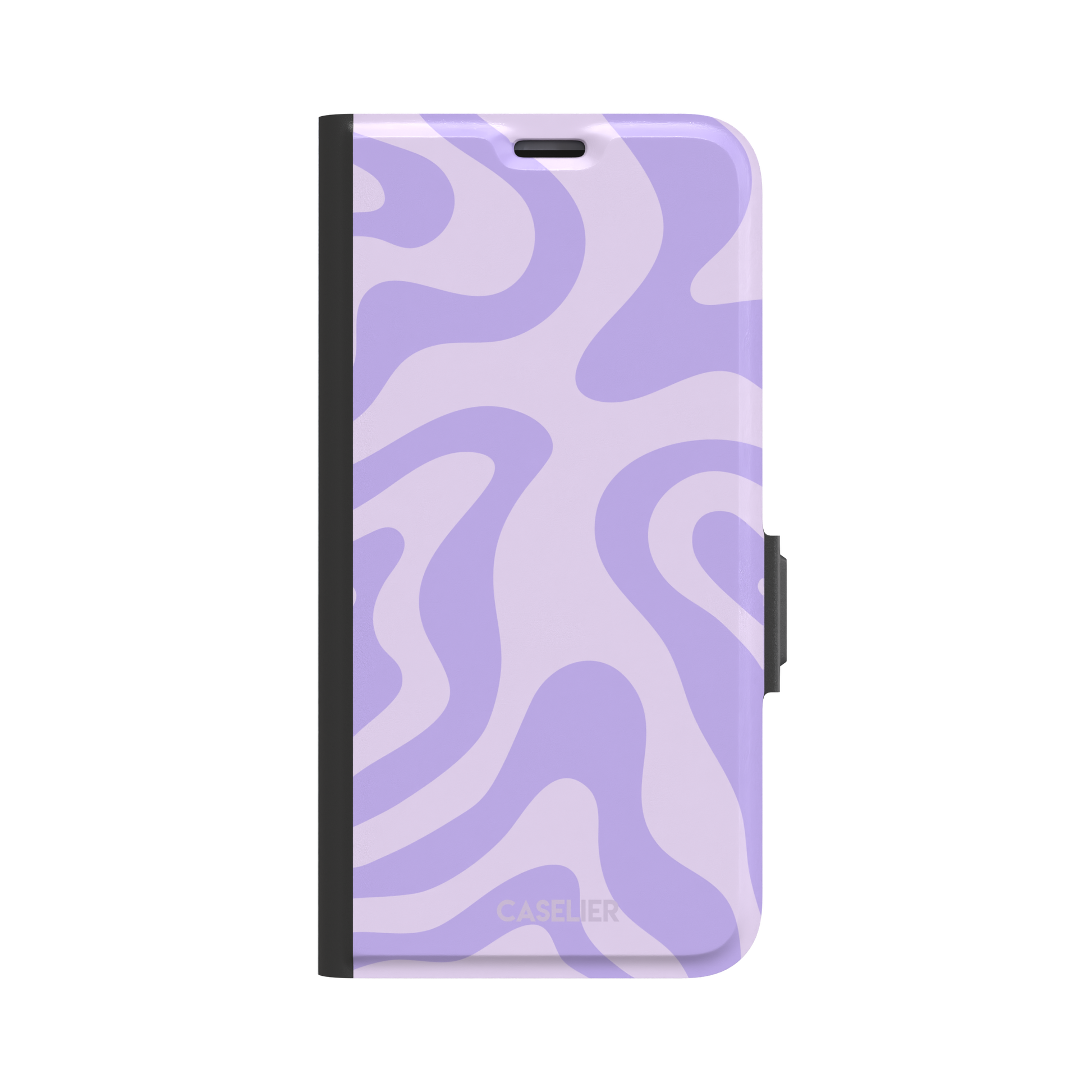 Wavey abstract phone case in lilac and soft lavender fluid swirl pattern, phone case by Caselier — wallet case, front view