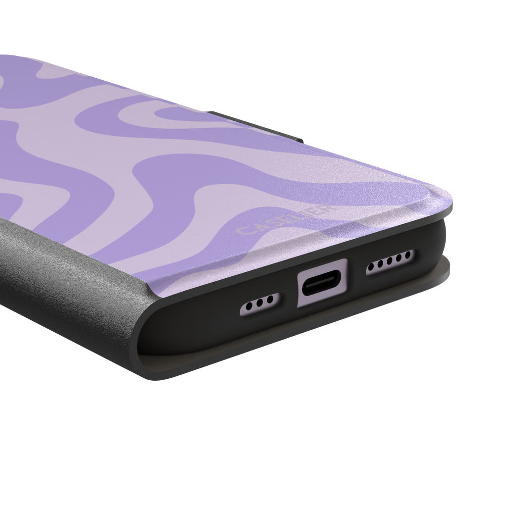 Wavey abstract phone case in lilac and soft lavender fluid swirl pattern, phone case by Caselier — wallet case, charging port detail