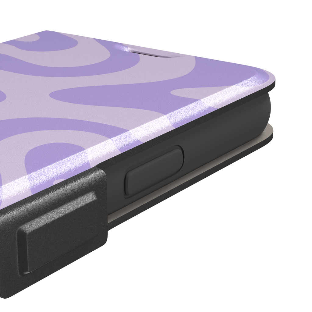 Wavey abstract phone case in lilac and soft lavender fluid swirl pattern, phone case by Caselier — wallet case, volume buttons detail