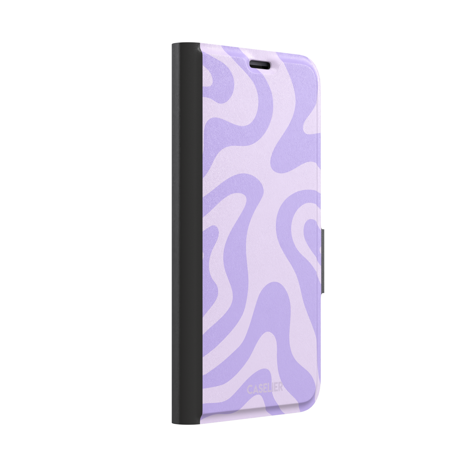 Wavey abstract phone case in lilac and soft lavender fluid swirl pattern, phone case by Caselier — wallet case, left view