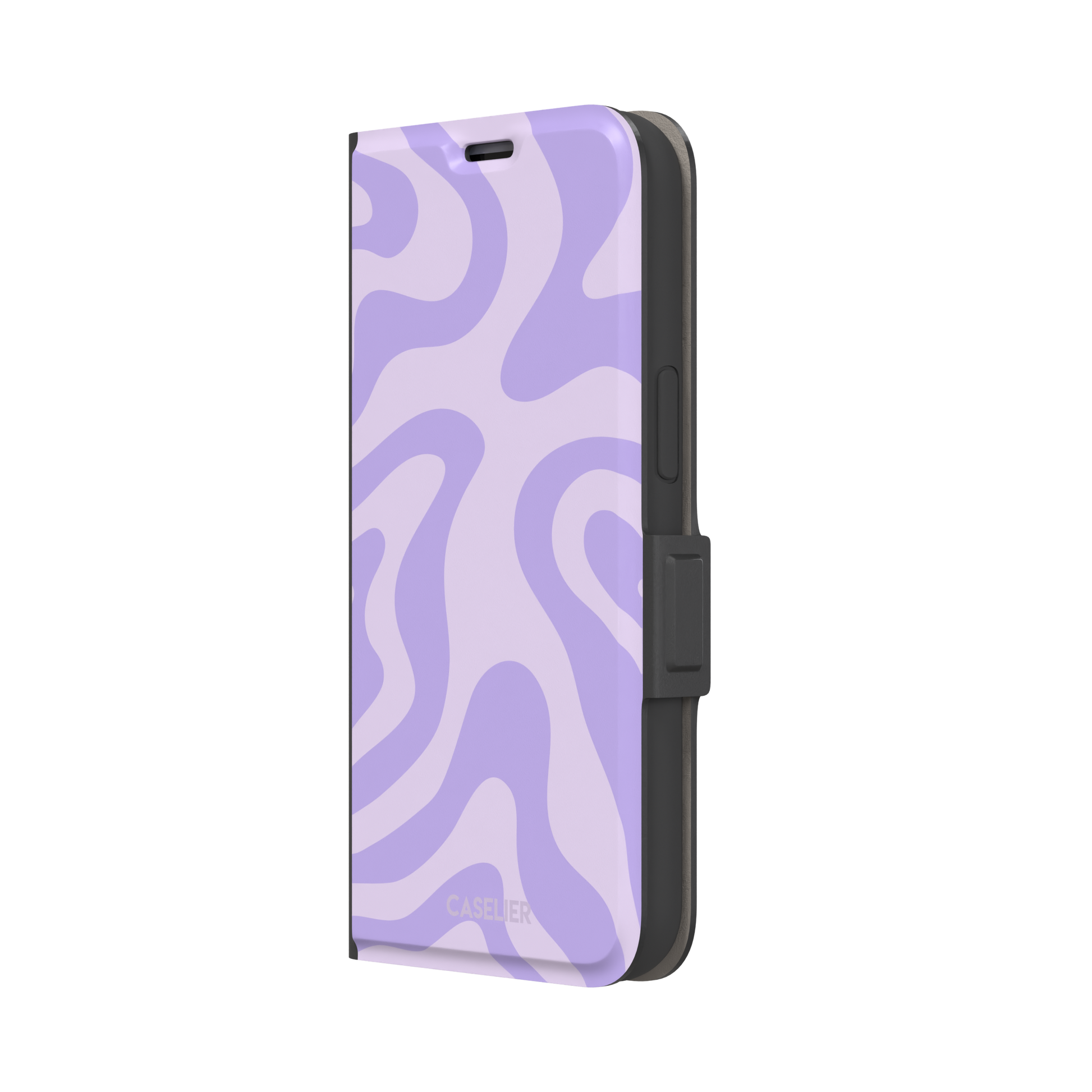 Wavey abstract phone case in lilac and soft lavender fluid swirl pattern, phone case by Caselier — wallet case, right view