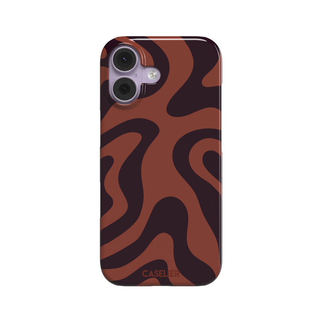 Wavey abstract phone case in terracotta and dark burgundy fluid swirl pattern, phone case by Caselier — snap case, front view