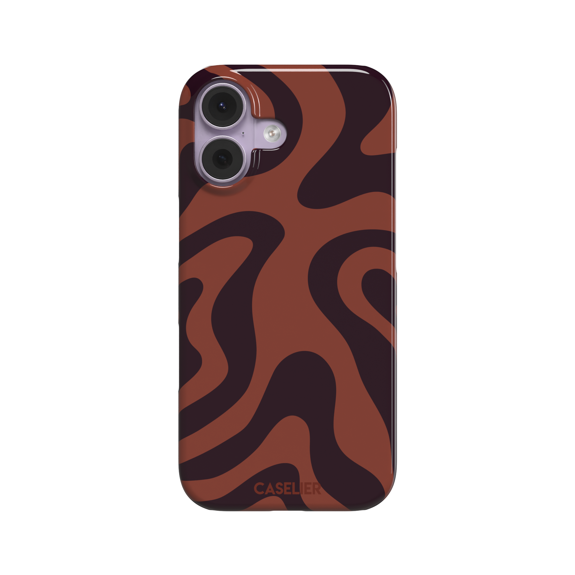 Wavey abstract phone case in terracotta and dark burgundy fluid swirl pattern, phone case by Caselier — snap case, front view