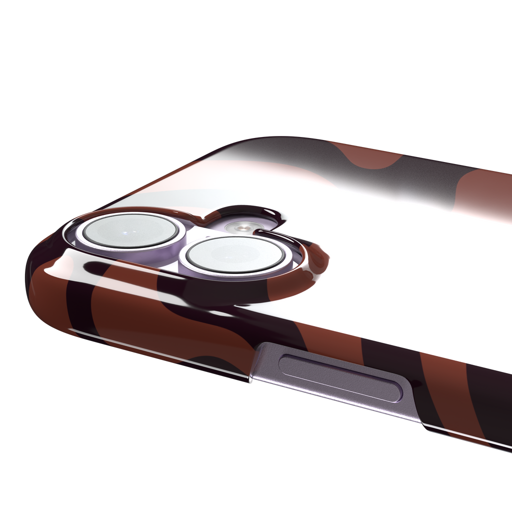 Wavey abstract phone case in terracotta and dark burgundy fluid swirl pattern, phone case by Caselier — snap case, volume buttons detail