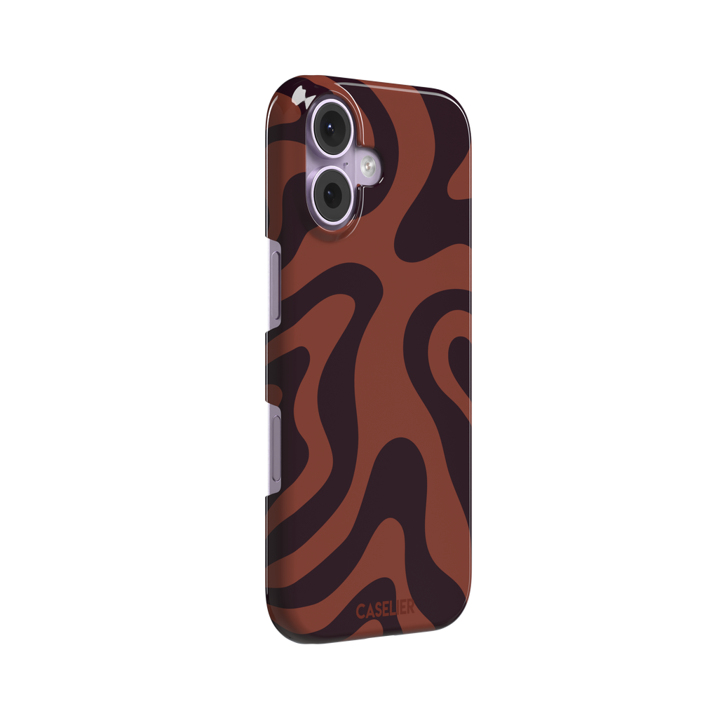 Wavey abstract phone case in terracotta and dark burgundy fluid swirl pattern, phone case by Caselier — snap case, left view