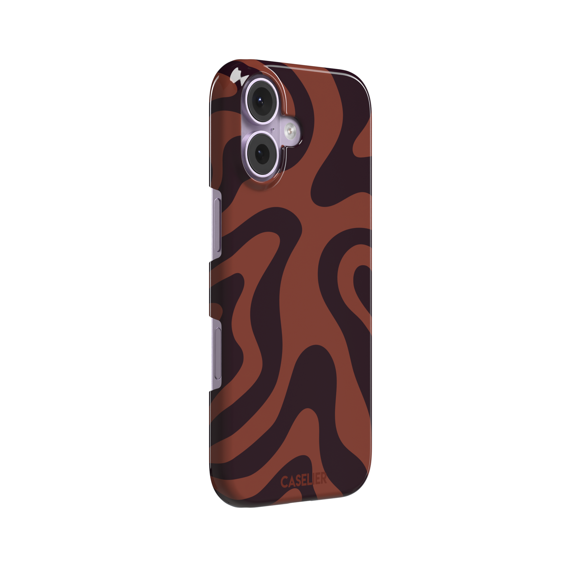 Wavey abstract phone case in terracotta and dark burgundy fluid swirl pattern, phone case by Caselier — snap case, left view