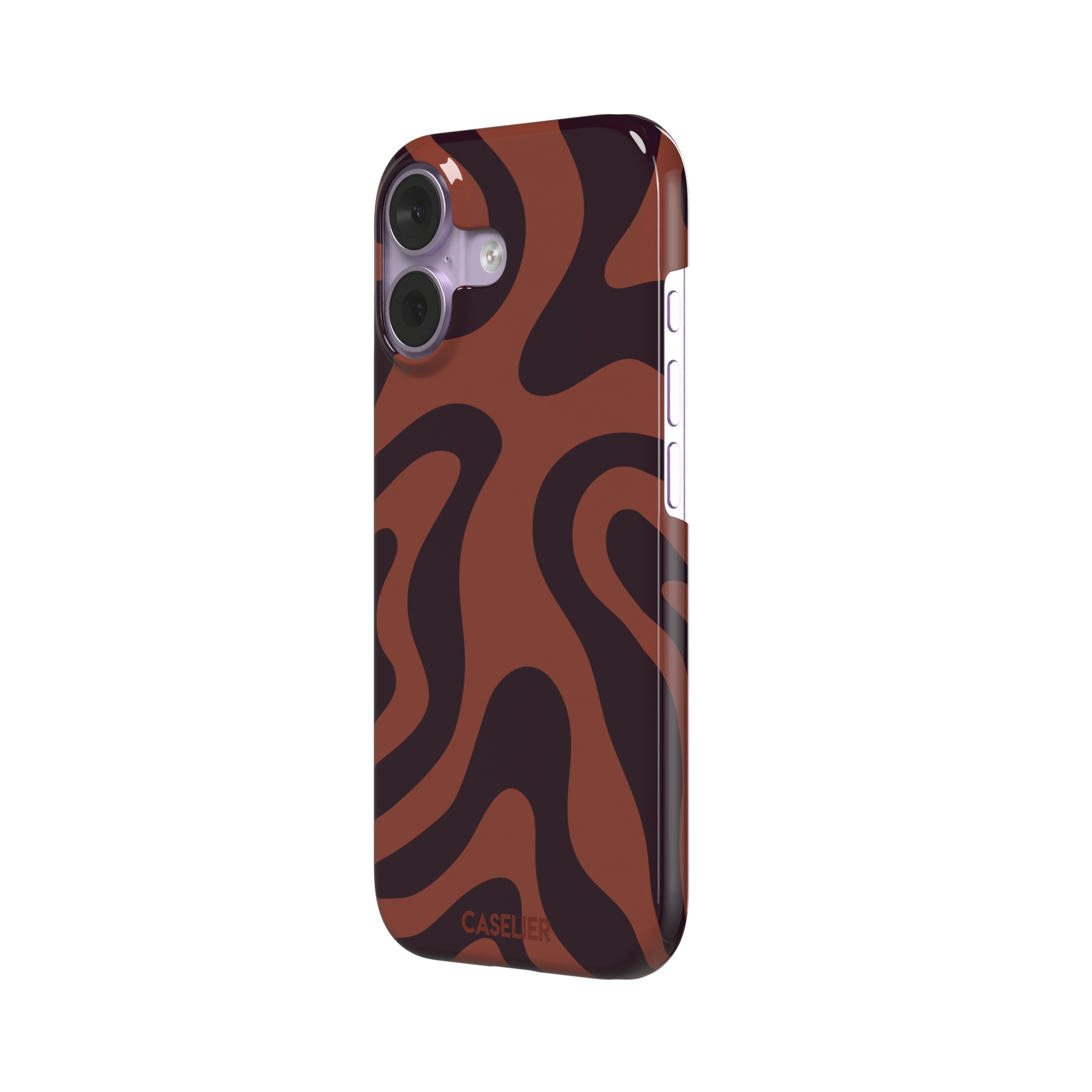 Wavey abstract phone case in terracotta and dark burgundy fluid swirl pattern, phone case by Caselier — snap case, right view