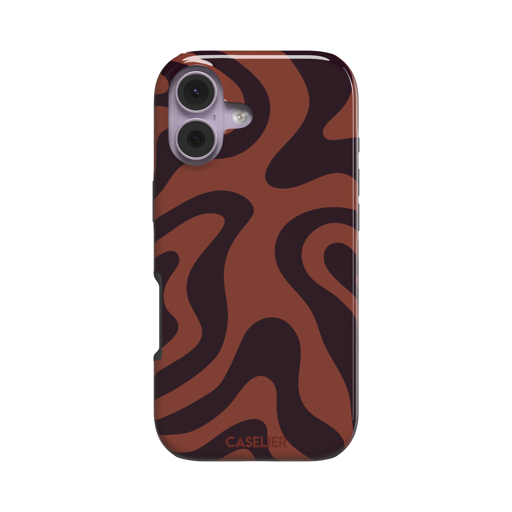 Wavey abstract phone case in terracotta and dark burgundy fluid swirl pattern, phone case by Caselier — tough case, front view
