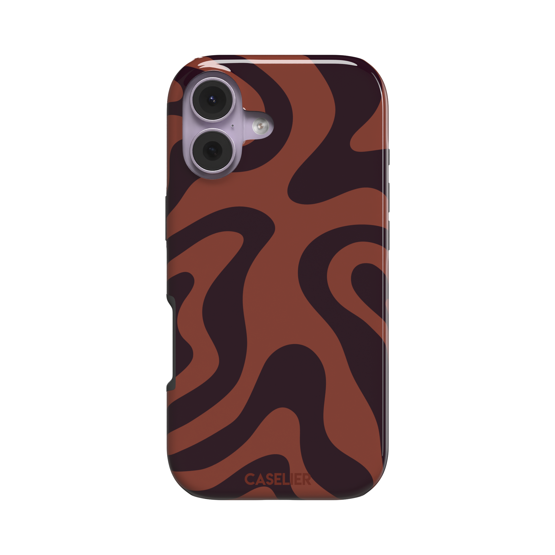 Wavey abstract phone case in terracotta and dark burgundy fluid swirl pattern, phone case by Caselier — tough case, front view