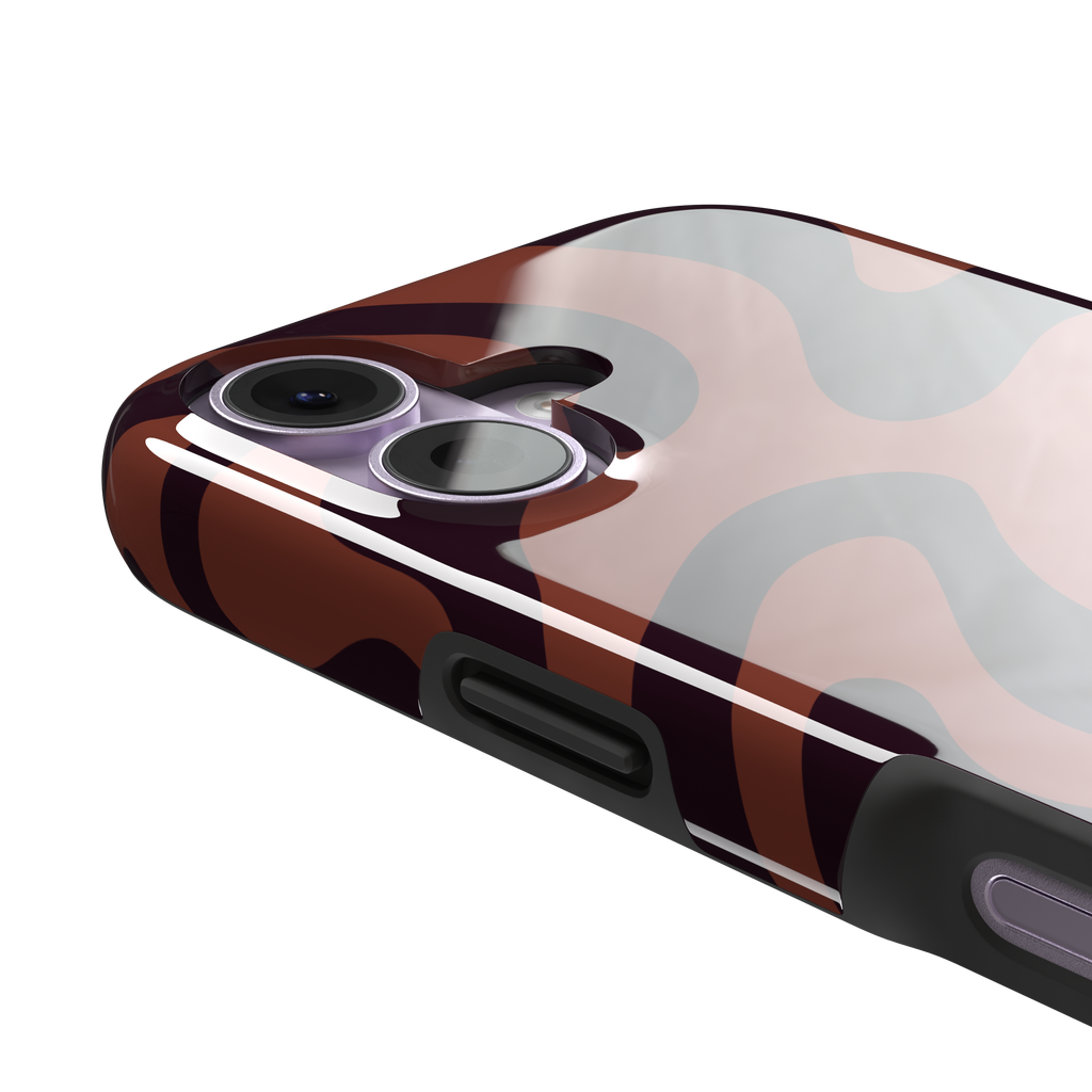 Wavey abstract phone case in terracotta and dark burgundy fluid swirl pattern, phone case by Caselier — tough case, volume buttons detail