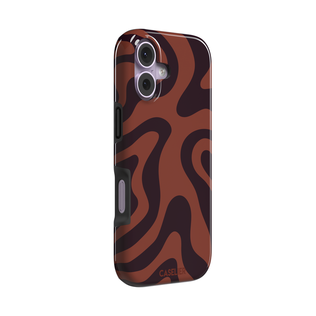 Wavey abstract phone case in terracotta and dark burgundy fluid swirl pattern, phone case by Caselier — tough case, left view