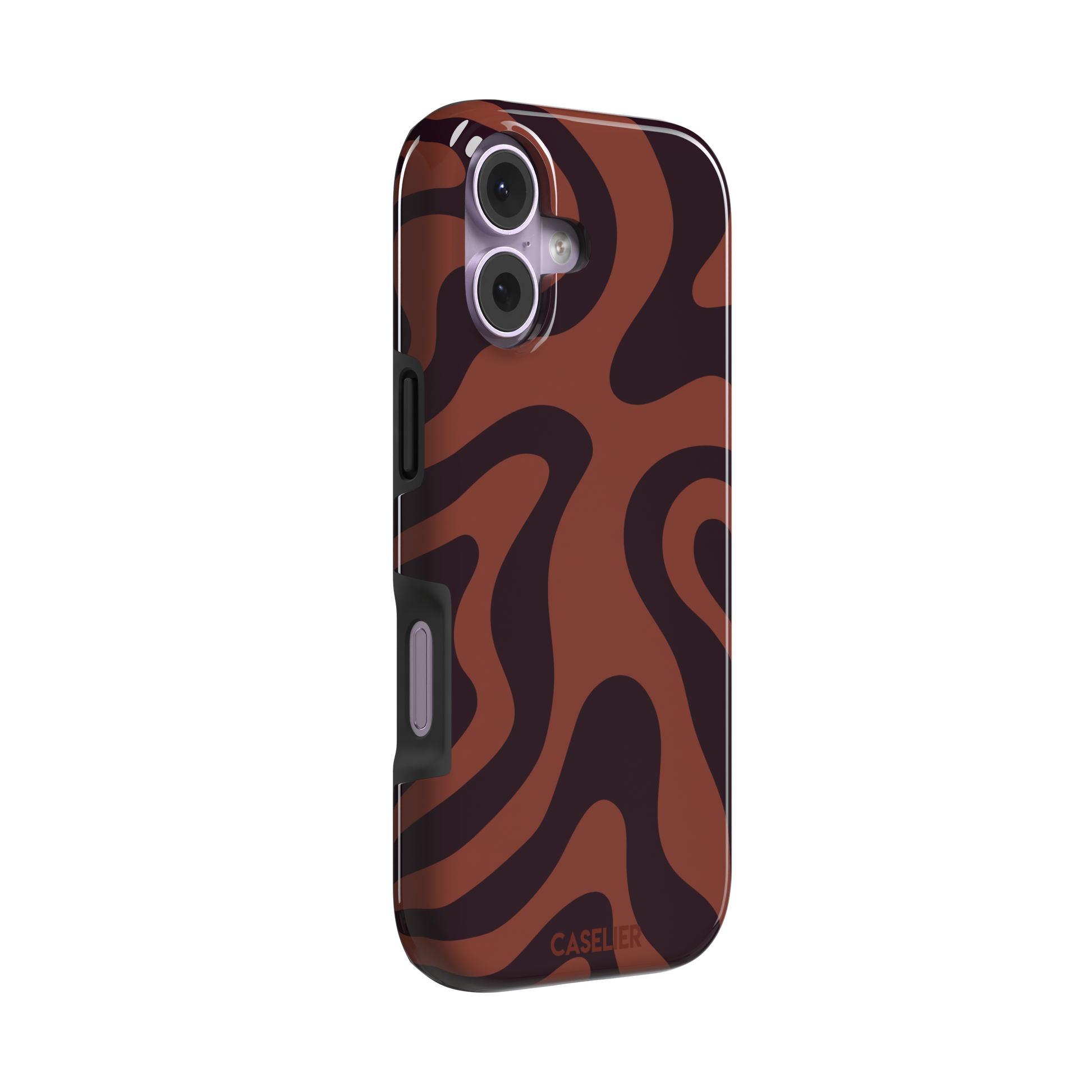 Wavey abstract phone case in terracotta and dark burgundy fluid swirl pattern, phone case by Caselier — tough case, left view
