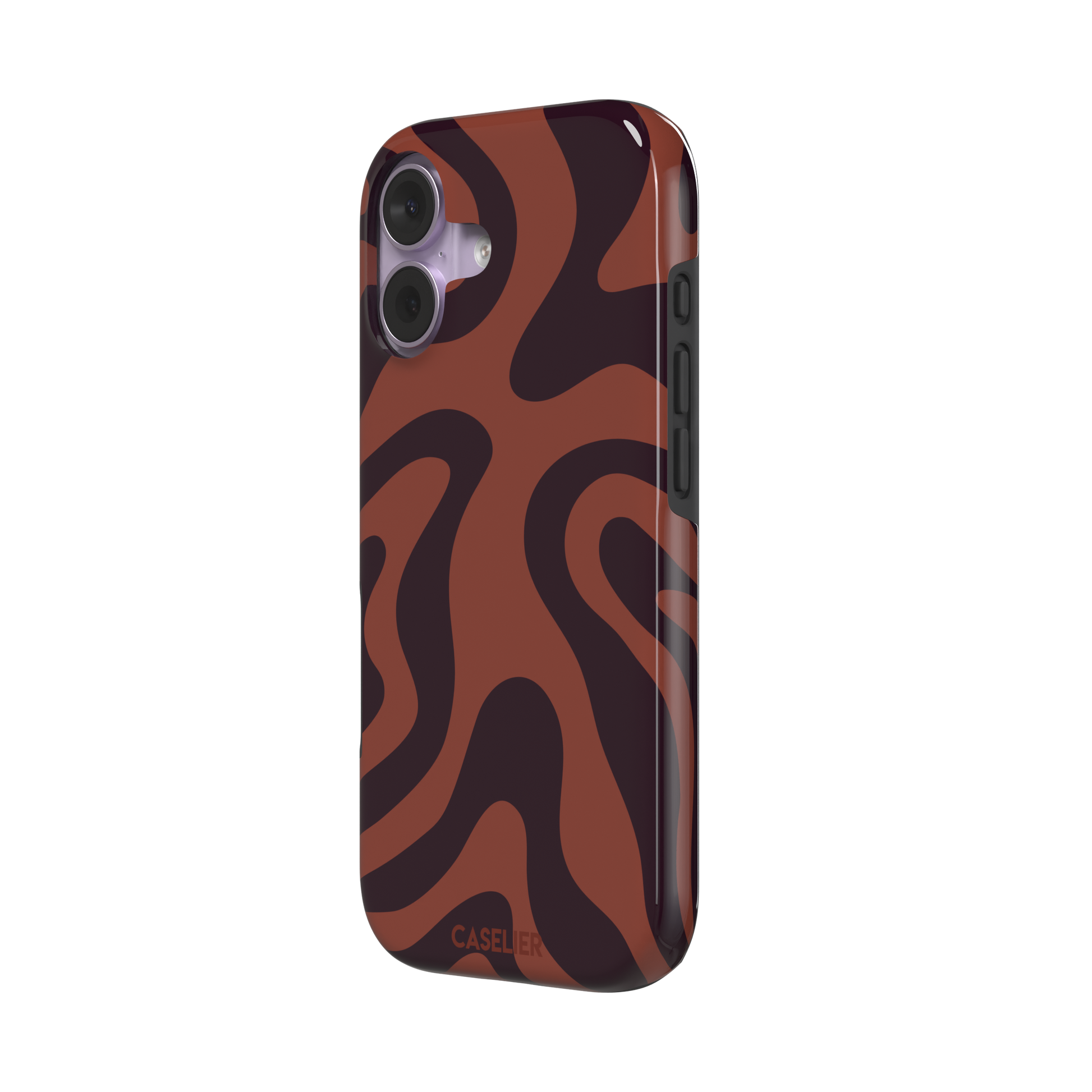 Wavey abstract phone case in terracotta and dark burgundy fluid swirl pattern, phone case by Caselier — tough case, right view