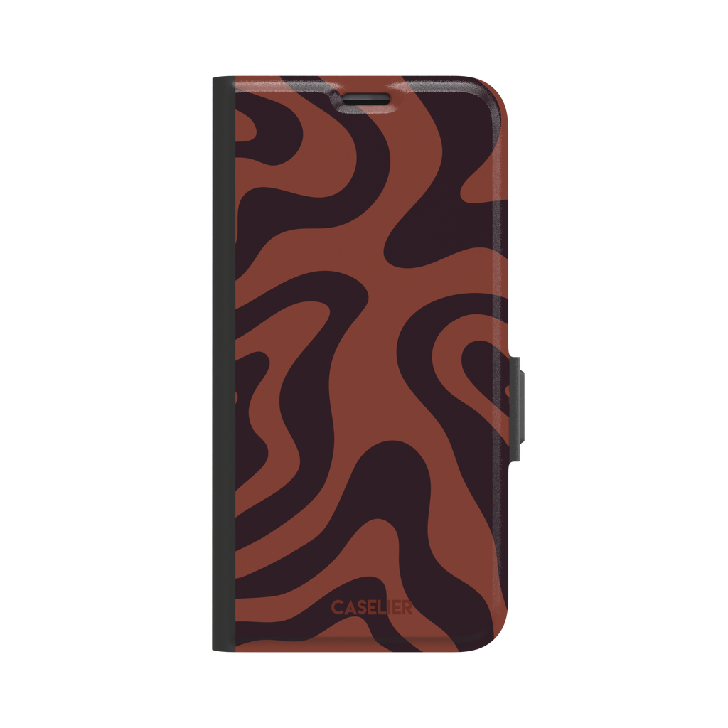 Wavey abstract phone case in terracotta and dark burgundy fluid swirl pattern, phone case by Caselier — wallet case, front view