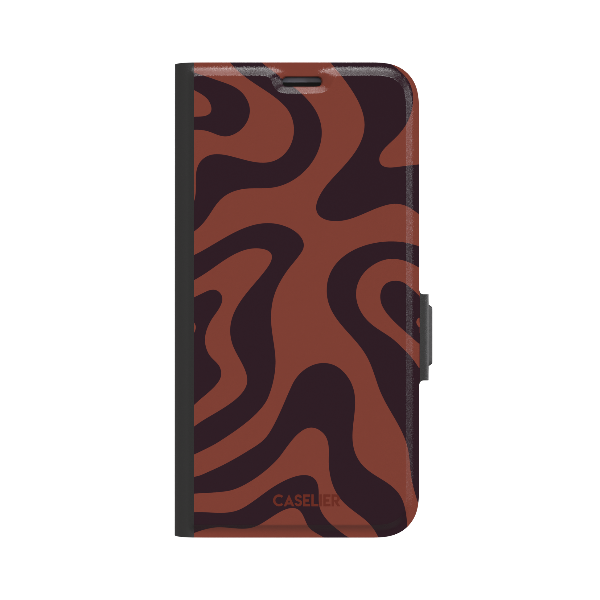 Wavey abstract phone case in terracotta and dark burgundy fluid swirl pattern, phone case by Caselier — wallet case, front view