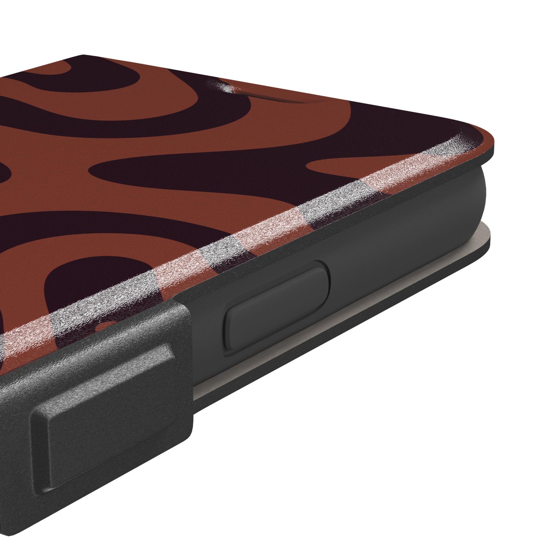 Wavey abstract phone case in terracotta and dark burgundy fluid swirl pattern, phone case by Caselier — wallet case, volume buttons detail