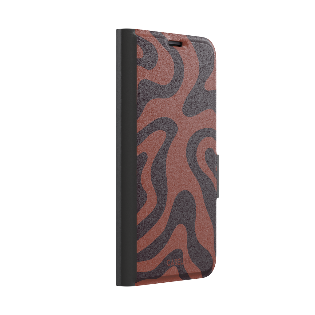Wavey abstract phone case in terracotta and dark burgundy fluid swirl pattern, phone case by Caselier — wallet case, left view