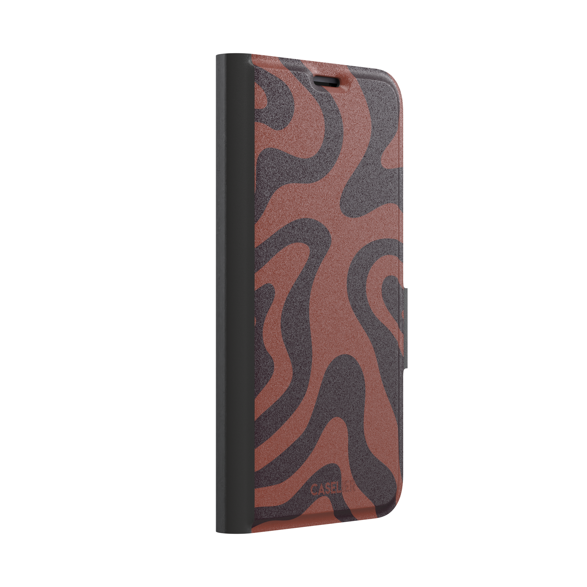 Wavey abstract phone case in terracotta and dark burgundy fluid swirl pattern, phone case by Caselier — wallet case, left view