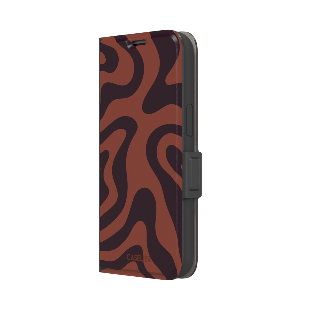 Wavey abstract phone case in terracotta and dark burgundy fluid swirl pattern, phone case by Caselier — wallet case, right view