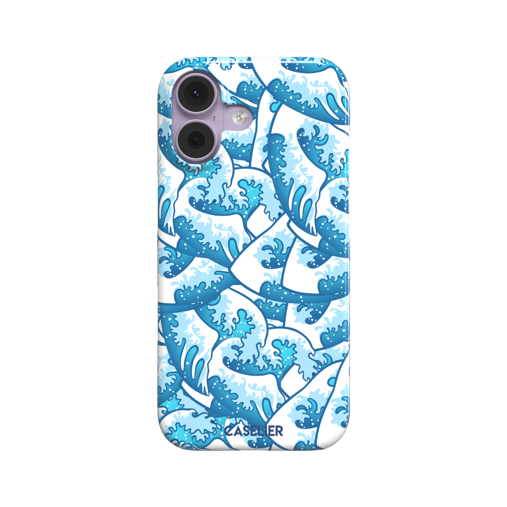 Wet Waves phone case with an all-over Japanese-style wave pattern in cobalt and sky blue on white, by Caselier — snap case, front view
