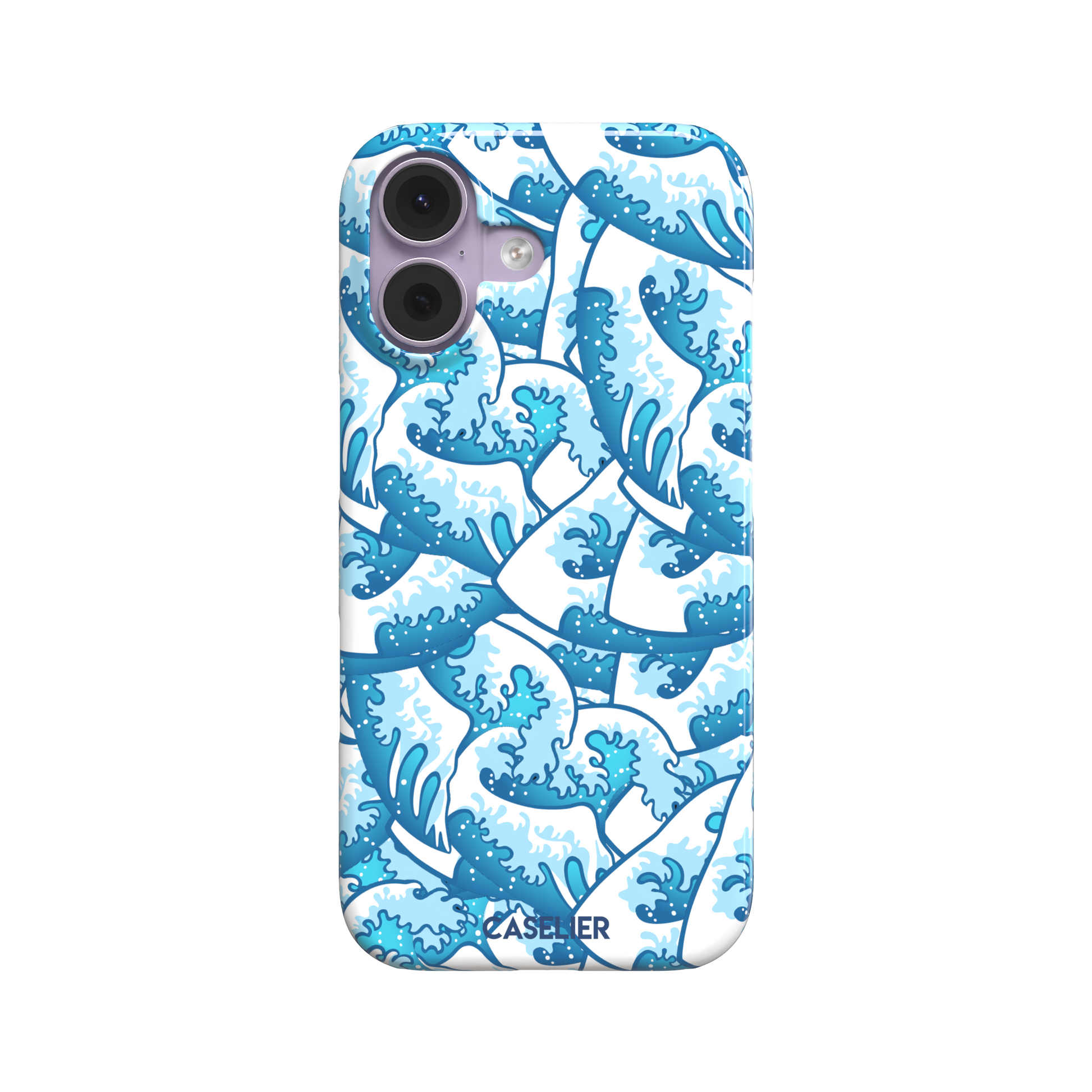 Wet Waves phone case with an all-over Japanese-style wave pattern in cobalt and sky blue on white, by Caselier — snap case, front view