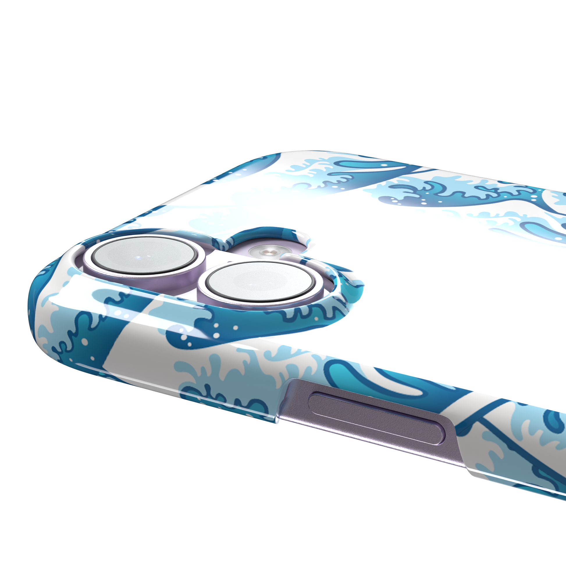 Wet Waves phone case with an all-over Japanese-style wave pattern in cobalt and sky blue on white, by Caselier — snap case, volume buttons detail