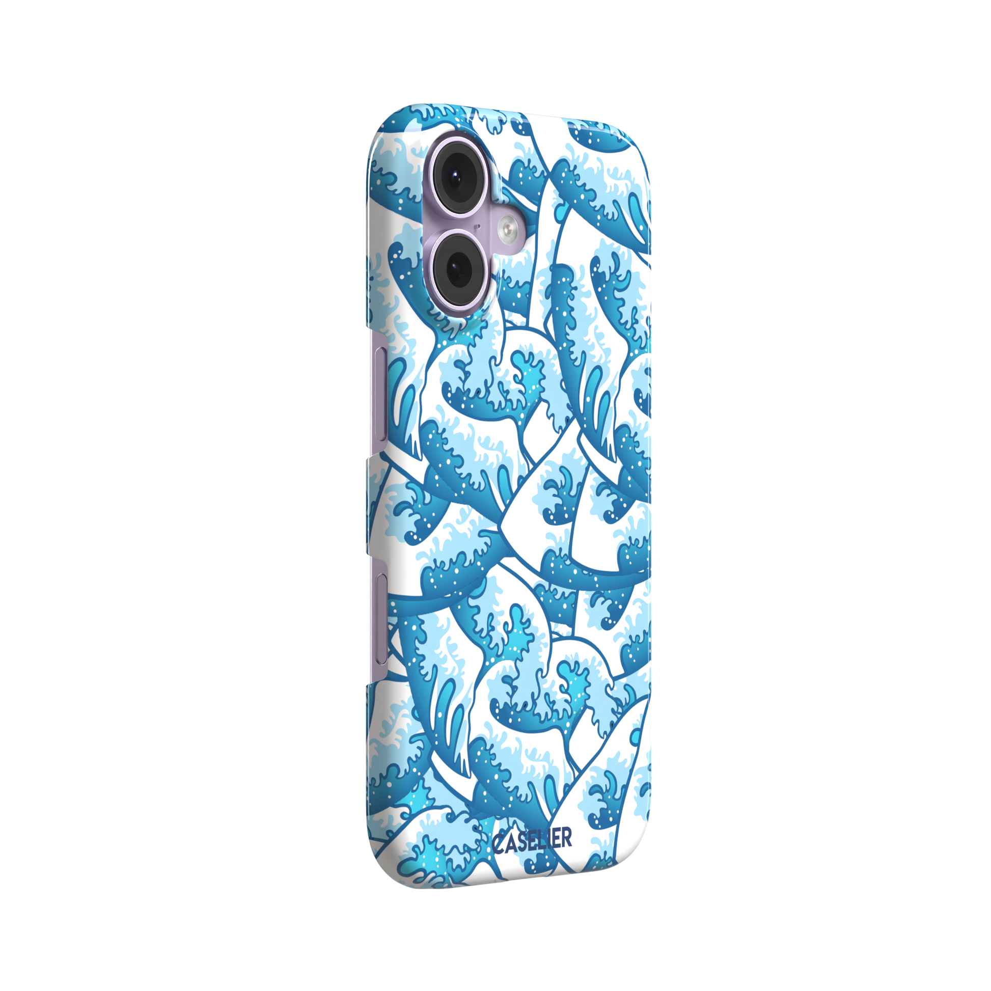Wet Waves phone case with an all-over Japanese-style wave pattern in cobalt and sky blue on white, by Caselier — snap case, left view