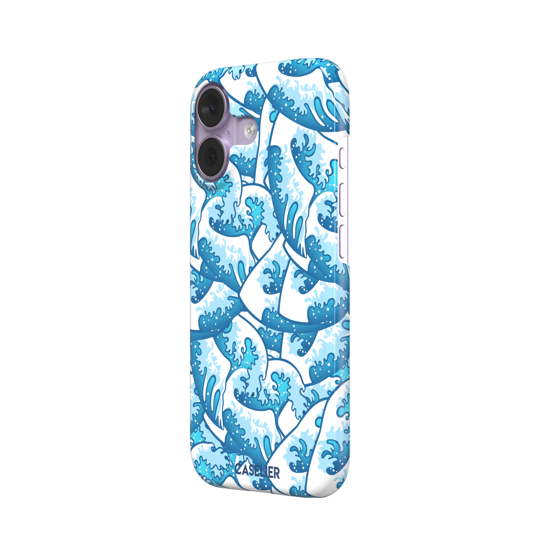 Wet Waves phone case with an all-over Japanese-style wave pattern in cobalt and sky blue on white, by Caselier — snap case, right view