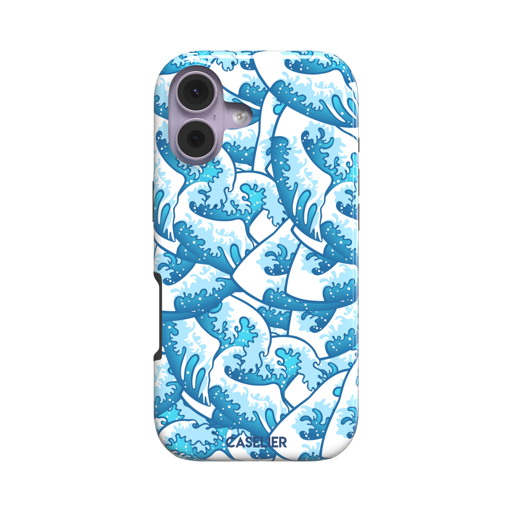 Wet Waves phone case with an all-over Japanese-style wave pattern in cobalt and sky blue on white, by Caselier — tough case, front view