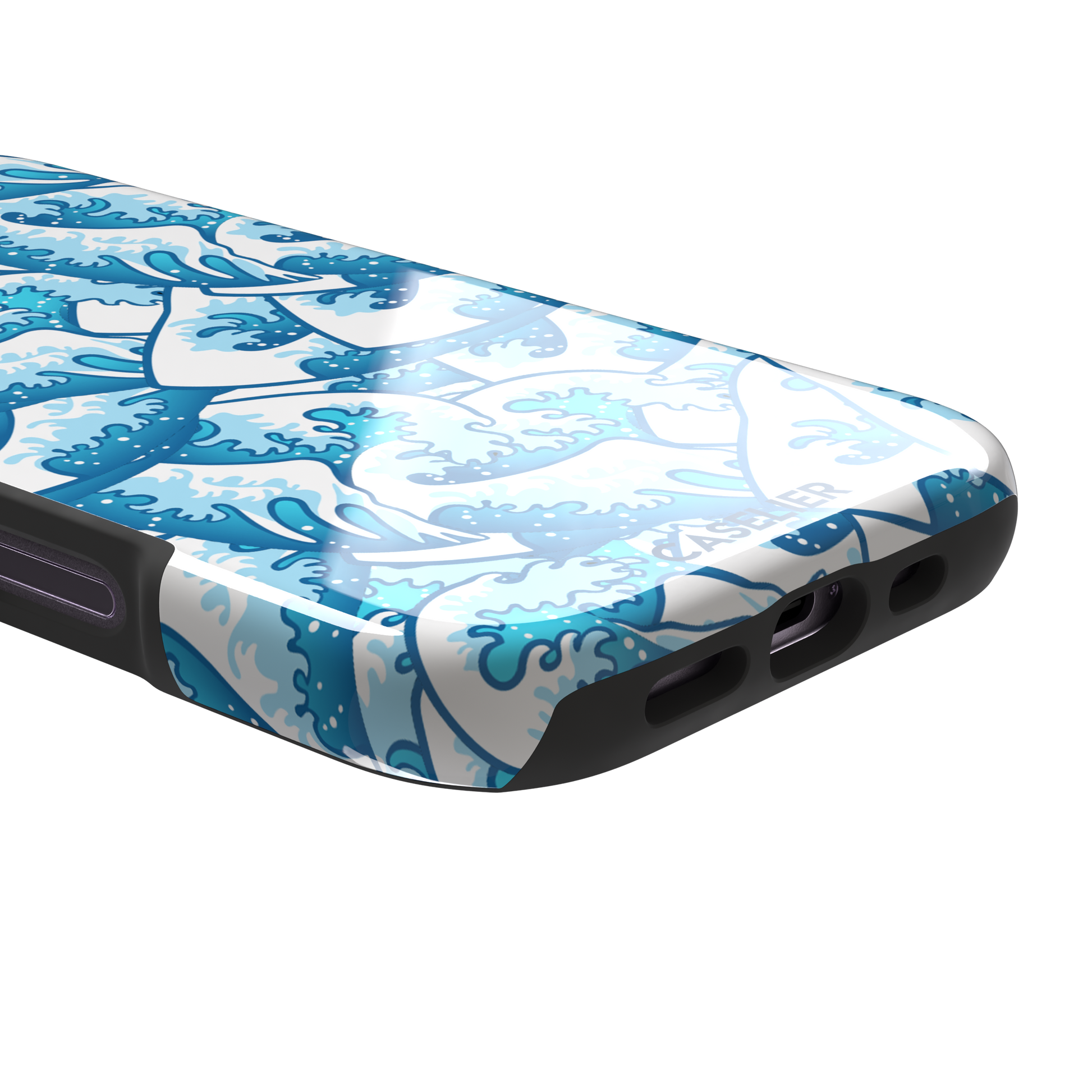 Wet Waves phone case with an all-over Japanese-style wave pattern in cobalt and sky blue on white, by Caselier — tough case, charging port detail