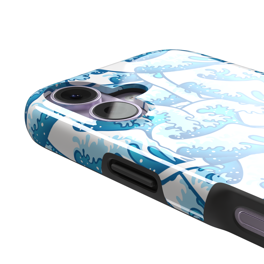 Wet Waves phone case with an all-over Japanese-style wave pattern in cobalt and sky blue on white, by Caselier — tough case, volume buttons detail