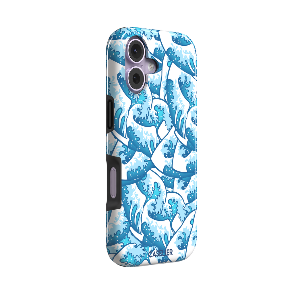 Wet Waves phone case with an all-over Japanese-style wave pattern in cobalt and sky blue on white, by Caselier — tough case, left view
