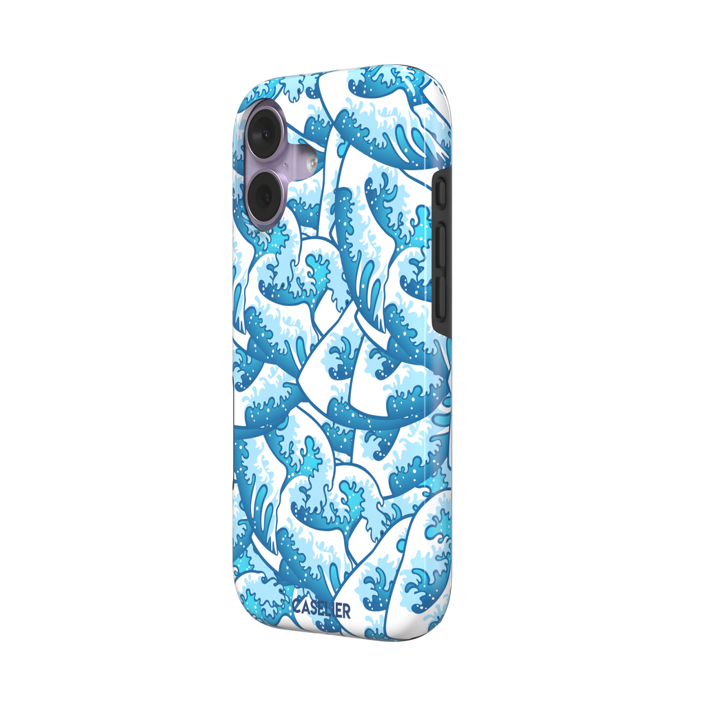 Wet Waves phone case with an all-over Japanese-style wave pattern in cobalt and sky blue on white, by Caselier — tough case, right view