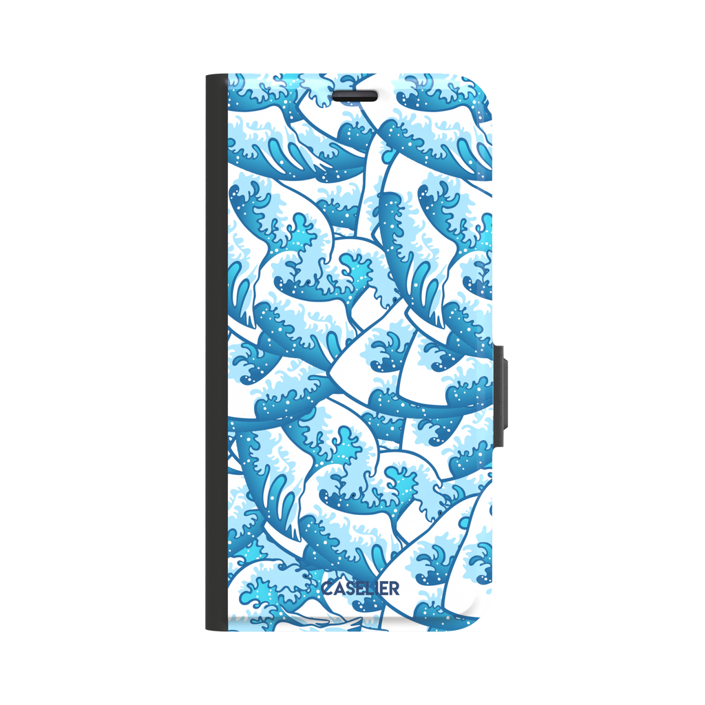 Wet Waves phone case with an all-over Japanese-style wave pattern in cobalt and sky blue on white, by Caselier — wallet case, front view