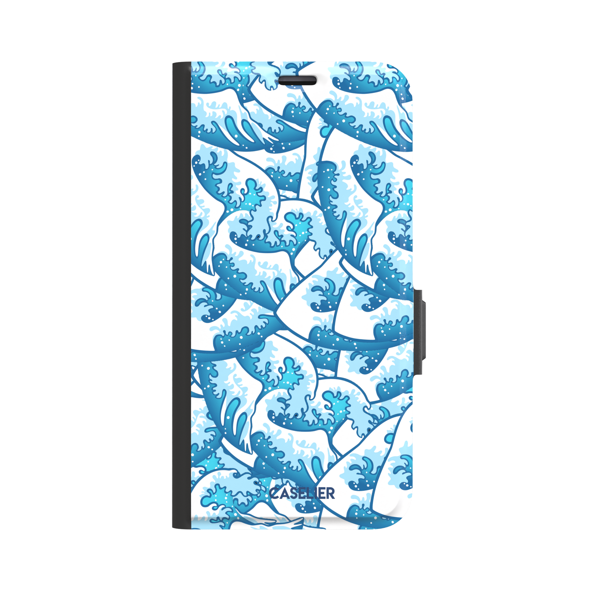 Wet Waves phone case with an all-over Japanese-style wave pattern in cobalt and sky blue on white, by Caselier — wallet case, front view