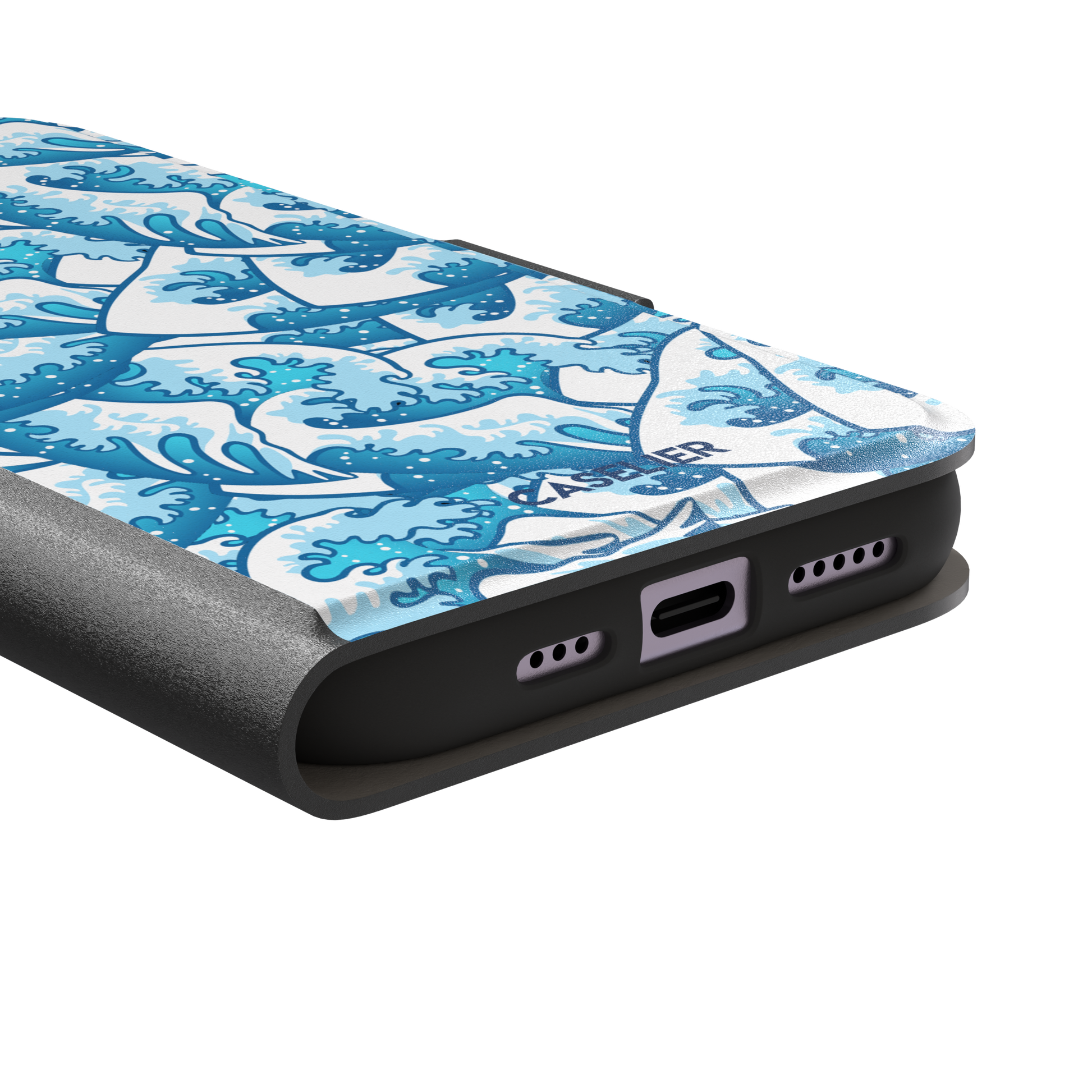 Wet Waves phone case with an all-over Japanese-style wave pattern in cobalt and sky blue on white, by Caselier — wallet case, charging port detail