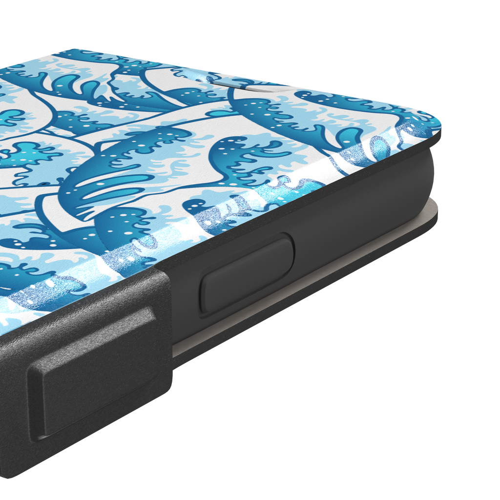 Wet Waves phone case with an all-over Japanese-style wave pattern in cobalt and sky blue on white, by Caselier — wallet case, volume buttons detail