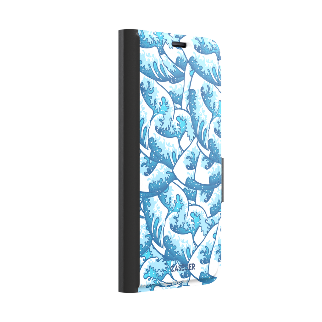 Wet Waves phone case with an all-over Japanese-style wave pattern in cobalt and sky blue on white, by Caselier — wallet case, left view