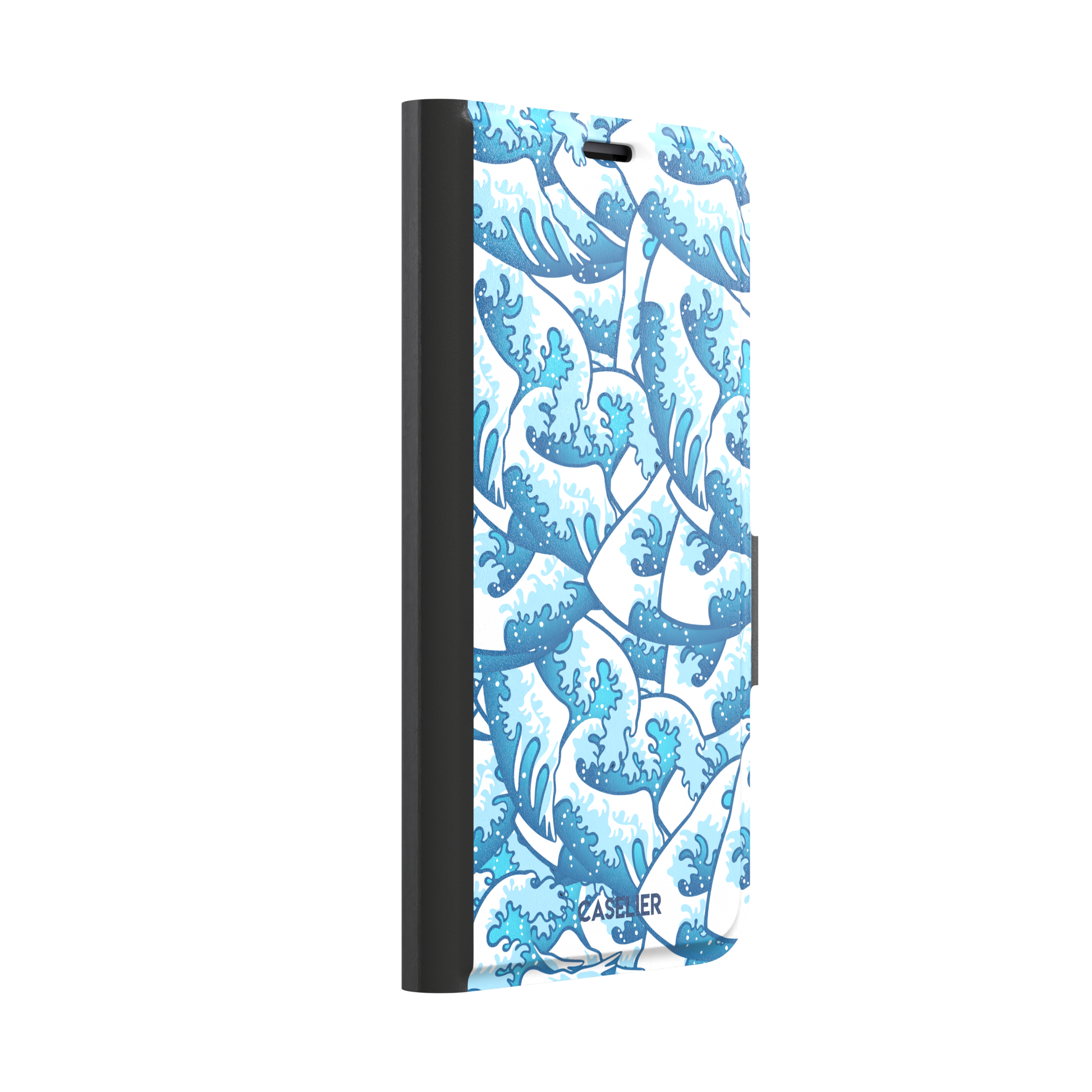 Wet Waves phone case with an all-over Japanese-style wave pattern in cobalt and sky blue on white, by Caselier — wallet case, left view