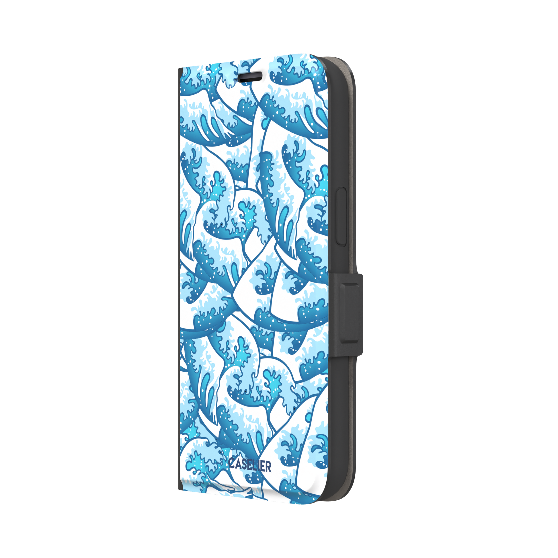 Wet Waves phone case with an all-over Japanese-style wave pattern in cobalt and sky blue on white, by Caselier — wallet case, right view