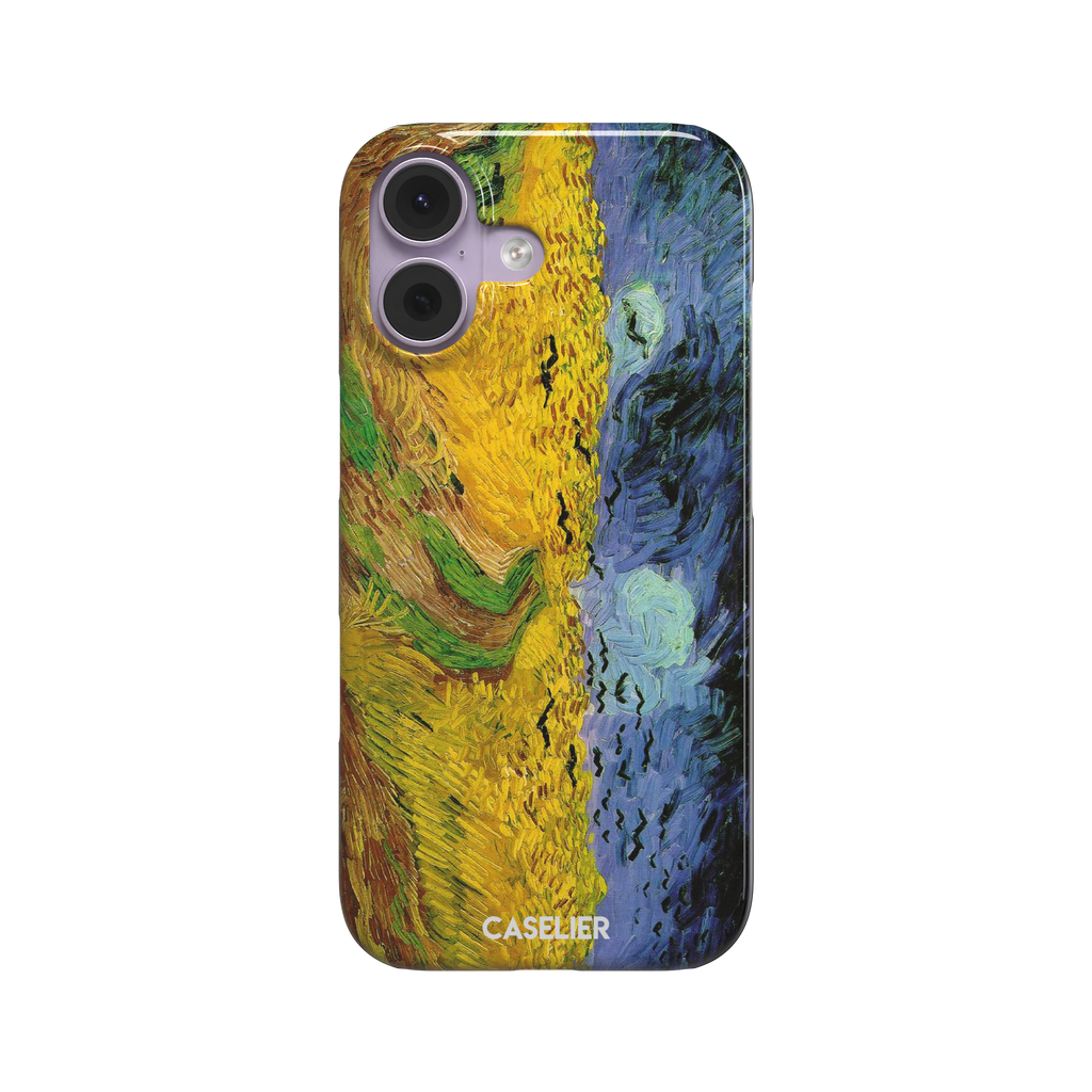 Wheatfields with Crows by Vincent van Gogh phone case showing golden wheat fields, swirling indigo sky and scattered crows in thick impasto brushwork, phone case by Caselier — snap case, front view