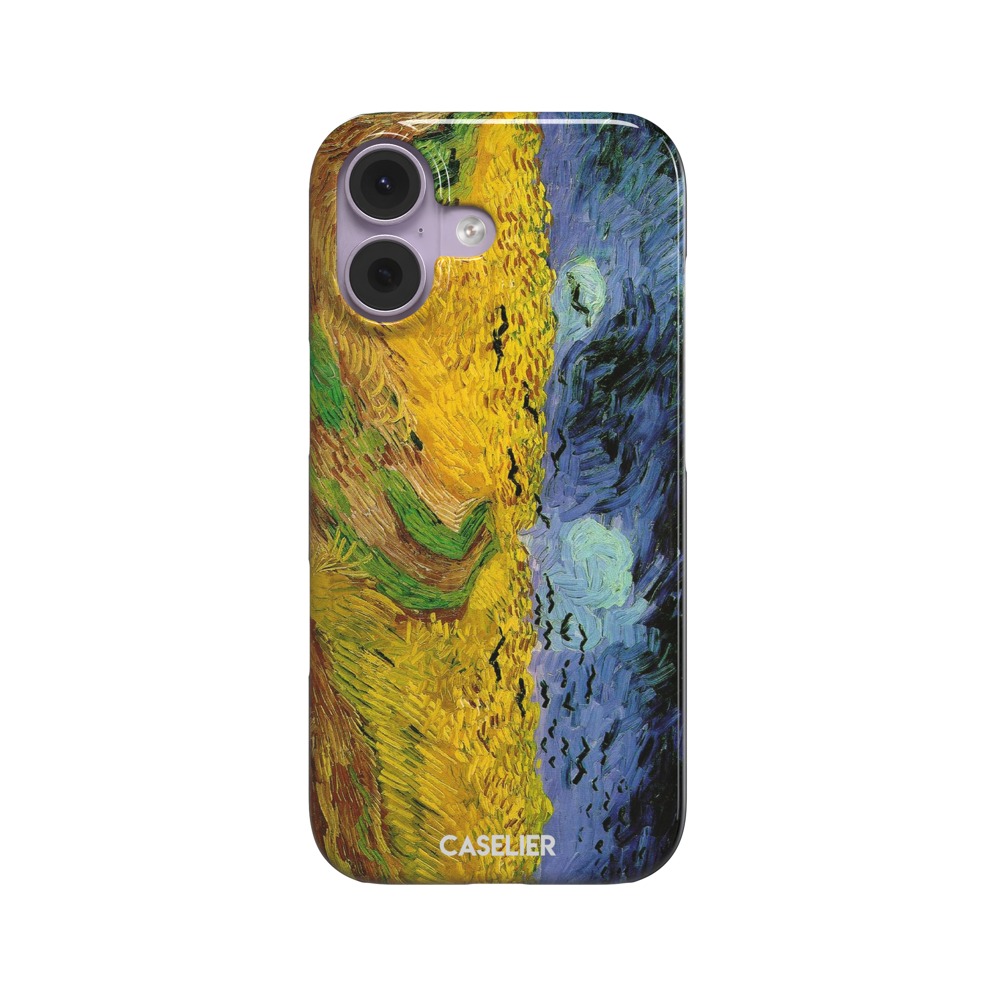 Wheatfields with Crows by Vincent van Gogh phone case showing golden wheat fields, swirling indigo sky and scattered crows in thick impasto brushwork, phone case by Caselier — snap case, front view