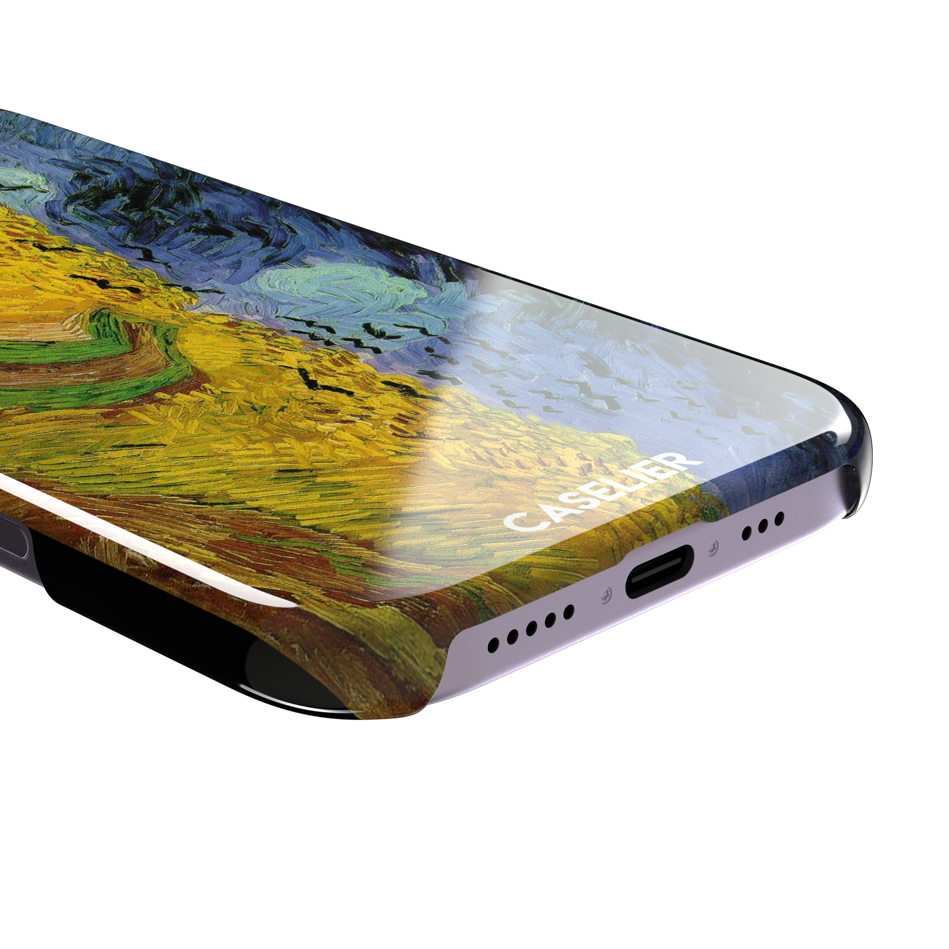 Wheatfields with Crows by Vincent van Gogh phone case showing golden wheat fields, swirling indigo sky and scattered crows in thick impasto brushwork, phone case by Caselier — snap case, charging port detail