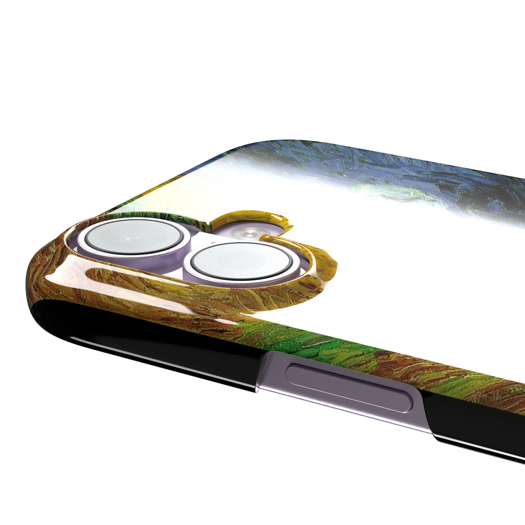 Wheatfields with Crows by Vincent van Gogh phone case showing golden wheat fields, swirling indigo sky and scattered crows in thick impasto brushwork, phone case by Caselier — snap case, volume buttons detail