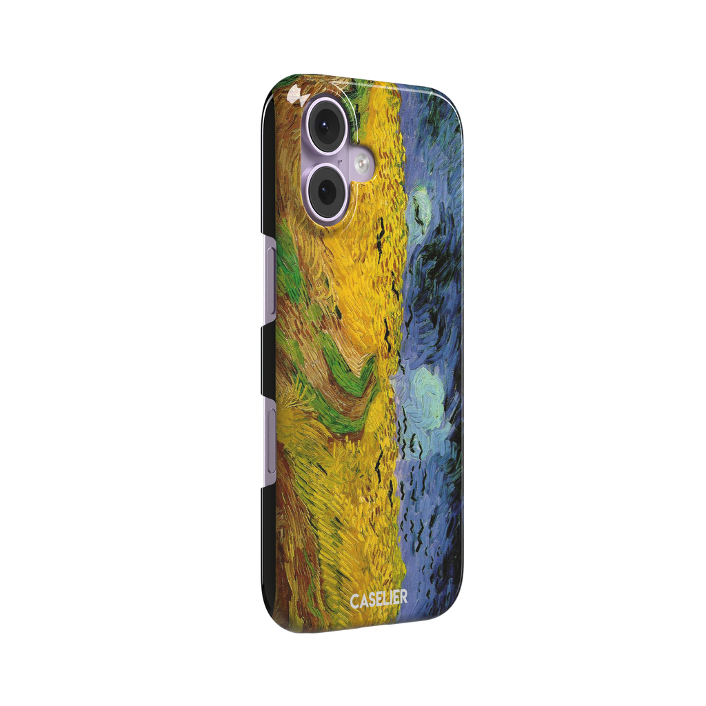 Wheatfields with Crows by Vincent van Gogh phone case showing golden wheat fields, swirling indigo sky and scattered crows in thick impasto brushwork, phone case by Caselier — snap case, left view